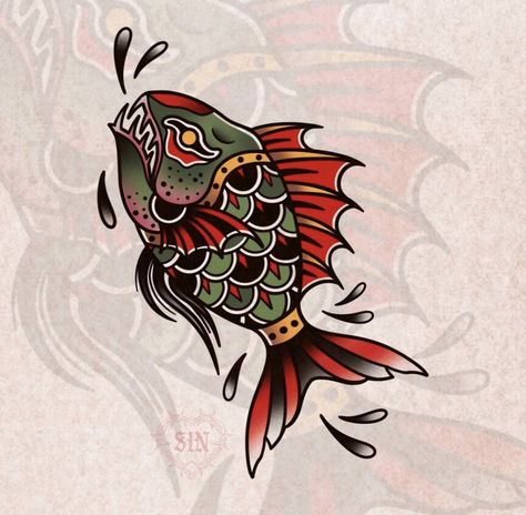 Zombie Fish Tattoo, Sting Ray Tattoo Traditional, Macaw Tattoo Design, American Traditional Waves, Neon Traditional Tattoo, Traditional Ocean Tattoo, Neo Traditional Tattoo Art, Traditional Fish Tattoo, Fishing Lure Tattoo