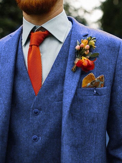 blue orange wedding suit groom boho hipster indie Blue Wedding Suit Groom, Navy Groomsmen Suits, Blue Orange Weddings, Blue Groomsmen Suits, Groom Blue Suit, Blue Groomsmen, Orange Wedding Themes, Blue Tux, Dark Blue Suit