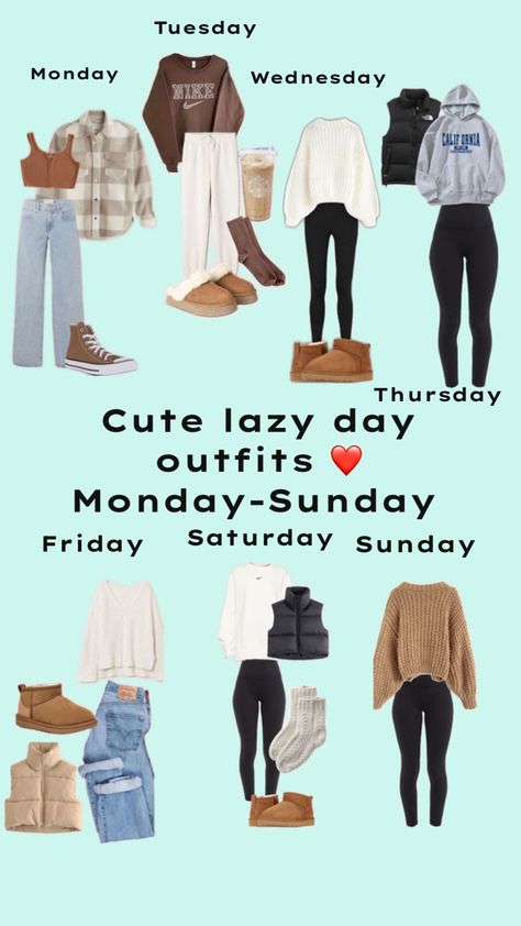 Cute out lazy outfits Rainy Day Outfit Sweatpants, Outfit Ideas For School Cold Weather, Outfits For Tuesday School, Comfy Winter Outfits Lazy Days Schools, Cute Lazy Winter Outfits, Monday Outfits For School Lazy Days, Spring Comfy Outfits Lazy Days, Lazy Weekend Aesthetic, What To Wear Each Day Of The Week