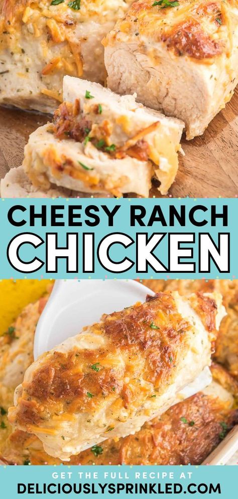 You'll love this ranch chicken recipe! It's an easy meal idea. Smothered in ranch seasoning, cheddar cheese, and mayo, this baked chicken is the BEST busy weeknight dinner! Pin this for later! Mayo Cheddar Chicken, Mayo Ranch Chicken Baked, Mayo Ranch Chicken, Ranch Mayo Chicken, Ranch Cheddar Chicken, Cheesy Ranch Chicken, Cheddar Ranch Chicken, Chicken Breast Oven Recipes, Ranch Chicken Recipe