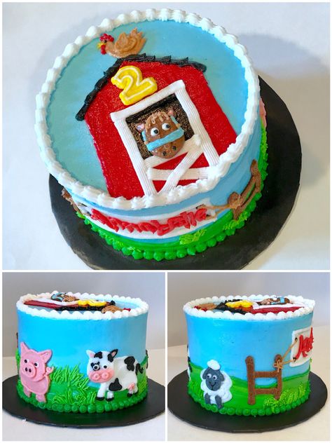 Barnyard cake! #nikijoycakes #buttercream #cake #barnyard Farm Theme Cake Buttercream, Barnyard Animal Cake, Farm Cake 2nd Birthday, Farm Animal Birthday Cake Buttercream, Barnyard Cake Ideas, Buttercream Farm Cake, Farm Cake Buttercream, Farm Animal Smash Cake, Farm Animal Cakes For Kids