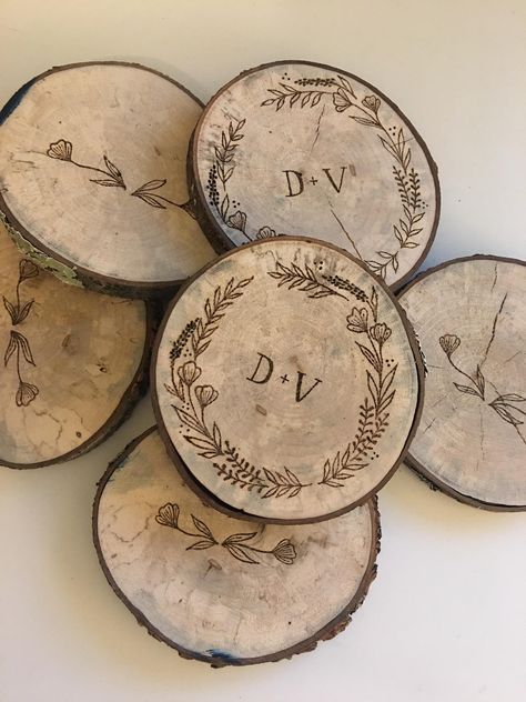 Wood burned these coasters for a friend wedding Wood Burning Designs Wedding, Wood Burning Initials, Romantic Wood Burning Ideas, Wedding Wood Burning Ideas, Wedding Wood Burning, Wedding Pyrography, Wood Burning Wedding Gift, Wood Burn Coasters, Simple Wood Burning Patterns