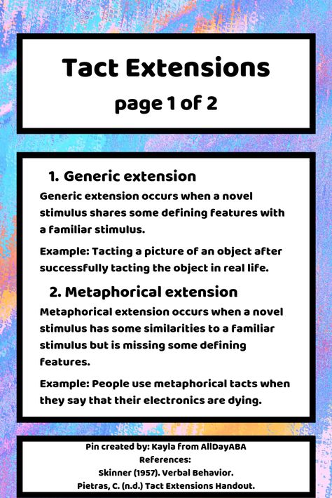 Verbal behavior has many difficult concepts. AllDayABA is here to help! Tact extensions come in four types according to B. F. Skinner: generic, metaphorical, metonymical, and solecistic. Applied behavior analysis terms are important for any BCBA, BCaBA, RBT, or aspiring behavior student! Check out our #TPT store by clicking the image. #ABA #BCBA #BCaBA #RBT #BACB #Skinner #behavior #behaviour #tact #extension #appliedbehavioranalysis #whatsthefunction #allthewaystoaba #AllDayABA Aba Strategies, Applied Behavior Analysis Training, Rbt Exam, Bcaba Exam, Discrete Trial Training, Bcba Exam Prep, Registered Behavior Technician, Bcba Exam, Behavior Technician