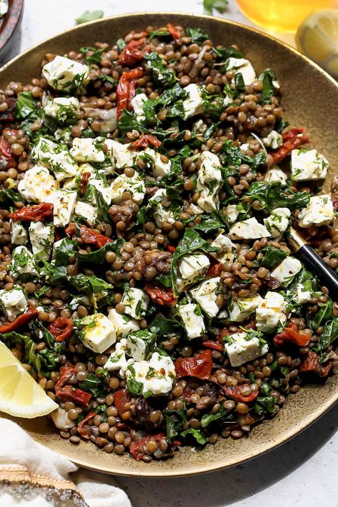 Warm Lentil Salad with Marinated Feta - Dishing Out Health Marinated Feta, Green Lentil, Chopped Kale, Dijon Vinaigrette, Green Lentils, Lentil Salad, Kosher Recipes, Lentil Recipes, Sun Dried Tomatoes