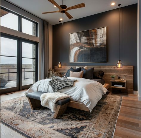 Modern Cabin Bedroom Master Suite, Dark Wood Floors Bedroom, Modern Cabin Bedroom, Muskoka Cottages, Deluxe Bedroom, Dark Moody Bedroom, Layered Bedding, Male Bedroom Ideas, Man Bedroom