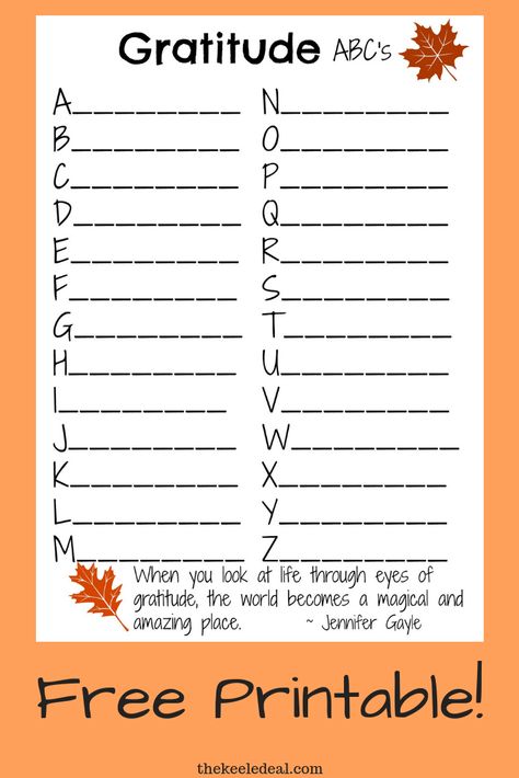 I think it's important to be thoughtful in our gratitude, it's easy and takes little thought to list some of our blessings, yet if we really think about it we have a lot more to be grateful for than we realize. The Gratitude ABC's printable is perfect for a Thanksgiving Day activity or any time leading up to the holiday. #thanksgiving #Thanksgivingactivity Abc Thanksgiving Printable, Halloween Group Therapy Activities, Thanksgiving Bible Lessons For Teens, Gratitude Counseling Activities, Young Women Gratitude Activity, Thanksgiving Group Therapy Activities, Gratitude Party Theme, Gratitude Worksheet Free Printable, Thanksgiving Gratitude Crafts