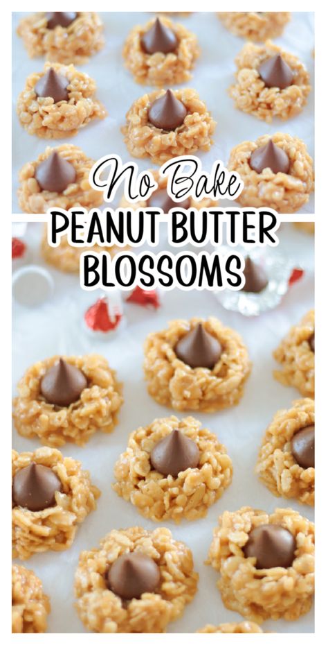 No Bake Peanut Butter Blossoms Cookies With Rice Krispies, Peanut Butter Kiss Cookies Recipe, Peanut Blossom Cookies, Fruity Pebbles Treats, Peanut Butter Blossoms Recipe, Peanut Butter Kiss, Peanut Butter Rice Krispies, Peanut Butter Kiss Cookies, Butter Blossoms