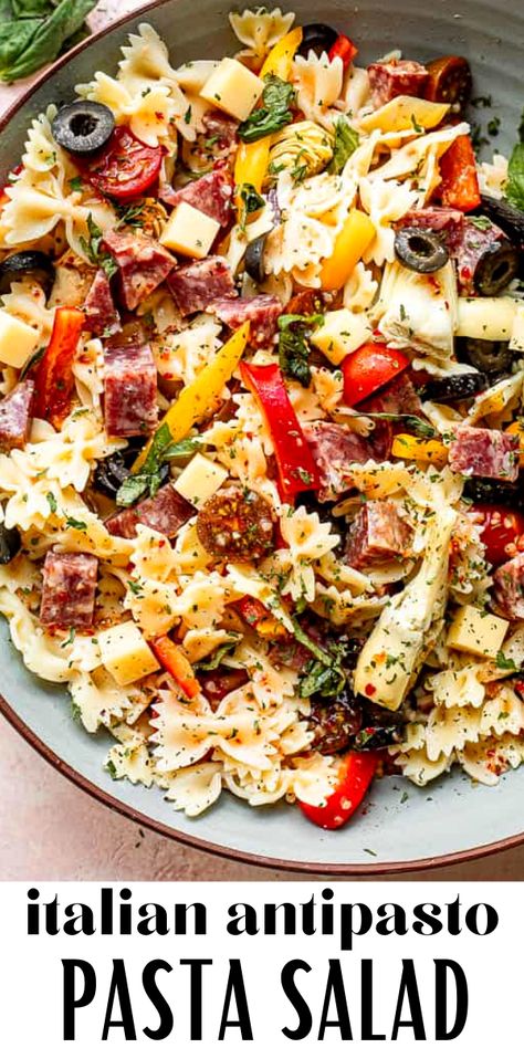 This Italian Antipasto Pasta Salad is a tasty make-ahead appetizer, side dish or meal, packed with bow tie pasta, veggies, salami, cheese and seasonings. It’s an easy pasta salad that everyone always enjoys! Wedding Pasta Salad, Now Tie Pasta Salad, Bow Tie Pasta Salad Recipes, Charcuterie Pasta Salad, Anti Pasta, Italian Antipasto Salad Recipes, Anti Pasta Salad Recipes, Salami Pasta Salad, Italian Bow Tie Pasta Salad