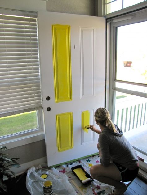 Editor Project: How to Paint Your Front Door | BHG Style Spotters Yellow Front Door Colors, Painting The Front Door, Bold Front Door Colors, Bold Front Door, Paint Your Front Door, Yellow Front Door, Yellow Front Doors, Front Door Makeover, Front Door Paint Colors