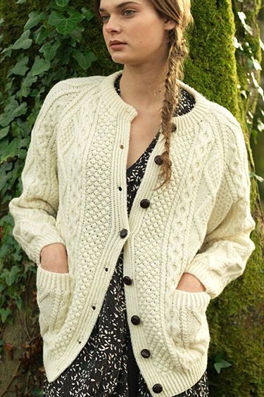 Handknit Cardigan, Irish Knit Sweaters, Aran Jumper, Aran Cardigan, Aran Knitting Patterns, White Long Sleeve Sweater, Polo Cardigan, Knitted Cardigans, Wool Sweaters Womens