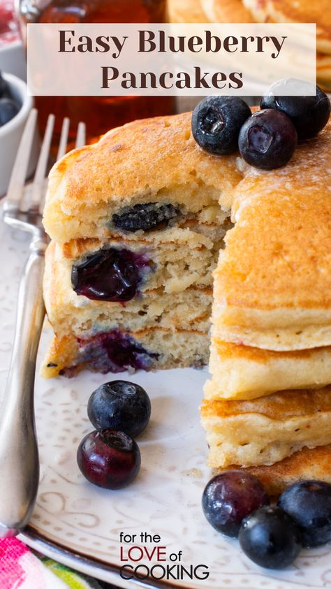 These delicious, thick, fluffy, and easy blueberry pancakes melt in your mouth and are bursting with fresh blueberries.   New Recipe ~ Easy Blueberry Pancakes  Link: https://fortheloveofcooking.net/recipe/easy-blueberry-pancakes   #recipe #pancakes #pancakebreakfast #blueberry #blueberrypancakes #breakfast #brunch #easyrecipes #quickrecipes #quickmeals Blueberry Pancakes Easy, Recipe Pancakes, Recipe Tin Eats, Tin Eats, Blueberry Pancakes Recipe, Blueberry Pancake, Nelson Family, Crepes And Waffles, Recipe Tin