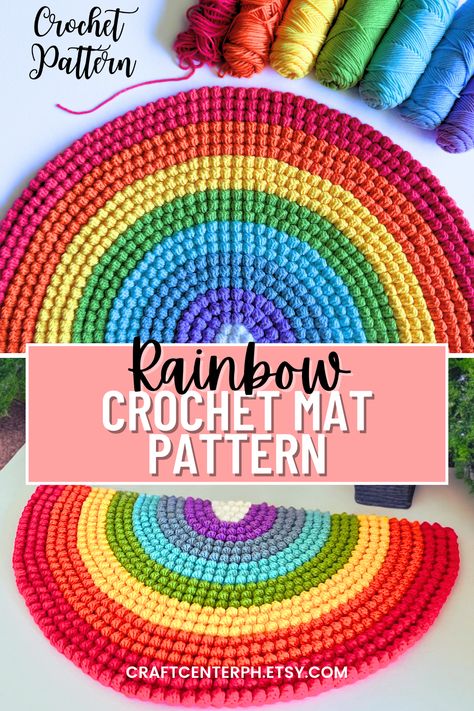 Crochet Rainbow Rug Pattern Free, Crochet Rainbow Rug, Crochet Pride Patterns, Rainbow Crochet Pattern, Rainbow Crochet Blanket Pattern, Fun Crochet Patterns, Crochet Bath Mat, Crochet Rug Patterns Free, Rainbow Accessories