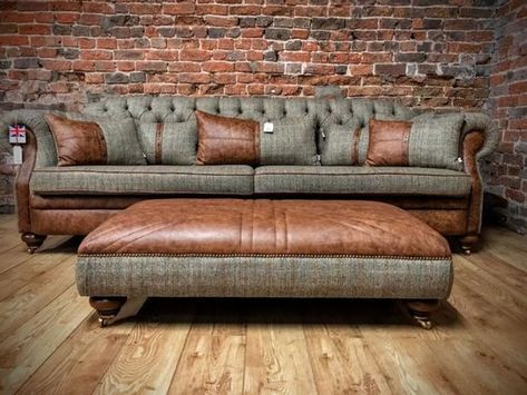 Leather And Tweed Sofa, Tweed Couch, Oak Conservatory, Tweed Sofa, Tweed Furniture, Sofa Types, Chesterfield Furniture, Leather Sofa Living Room, Leather Chesterfield Sofa