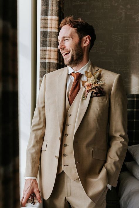 Bearded groom in beige three piece suit with orange tie and dried flower boutonnière for autumn wedding at Holmes Mill wedding venue Suit With Orange Tie, Groom Suit Summer, Beige Suits Wedding, Fall Wedding Suits, Fall Groom, Best Suits For Men, Beige Suit, Orange Suit, One Shoulder Bridesmaid Dresses