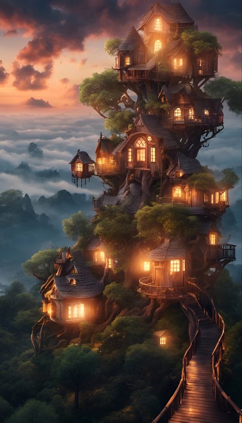 A huge tree full of enchanted glowing treehouses in the sky Treehouse Fantasy Art, Fantasy Lockscreen, Fantasy Treehouse, Magical Village, Fantasy Cities, Fantasy Wallpaper, Apparel Design Inspiration, Tree Houses, Fantasy City