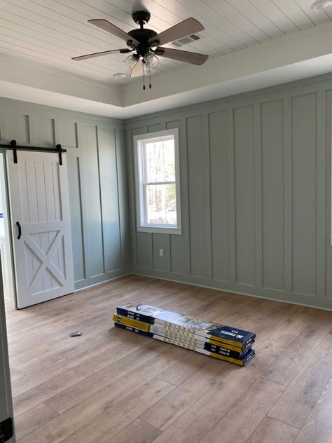 Gray Vertical Shiplap, Board And Batten And Shiplap In Same Room, Best Accent Wall Colors 2023, Gray Shiplap Ceiling, Board And Batten All Walls, Sherwin Williams Comfort Gray Bedroom, Board And Batten Wall With Shiplap, Board And Batten Room Bedrooms, Modern Farmhouse Walls And Trim