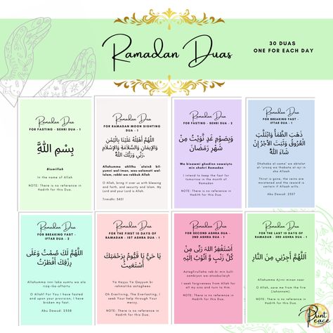 ☪ Ramadan Mubarak to everyone! Spread the power of Duas. Enjoy these beautiful Dua cards this Ramadan and bond with your spiritual self, on your own as well as with your family. You can keep them in a lovely little box or display them around the home. Whatever you decide, make sure to say your duas with your whole heart, leave the rest to Allah Almighty. Just print, cut and pray! Ramadan Duaa Day 1 To 30, Ramadan Card Ideas, Ramadan Duas For 30 Days, Ramadan Dua Day 1 To 30, Duas For Ramadan, Ramadan Dua List, Ramadan Corner, Dua Journal, Islamic Journaling