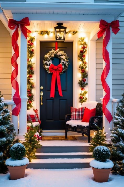 Transform your small porch into a winter wonderland with these Christmas front porch décor ideas! Embrace the season by adding fairy lights, garlands, and a festive wreath to create a cozy holiday vibe. Whether it's a snowy retreat or simply spreading cheer in a small space, let your decorations shine bright and welcome guests with joy. From twinkling lights to rustic accents, infuse holiday magic into every corner of your charming front entrance. Simple Christmas Decorations Outdoor, Small Porch Christmas Decor, Christmas Entrance Decor, Simple Front Porch, Small Front Porch Christmas Decor, Christmas Front Porch Ideas, Front Porch Inspiration, Porch Inspiration, Small Porch