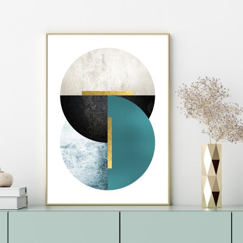 Rainbow Abstract Painting, Gold Printable, Modern Geometric Art, Teal Art, Geometric Artwork, Paintings Famous, Hand Painted Wall Art, Downloadable Prints, Modern Art Deco