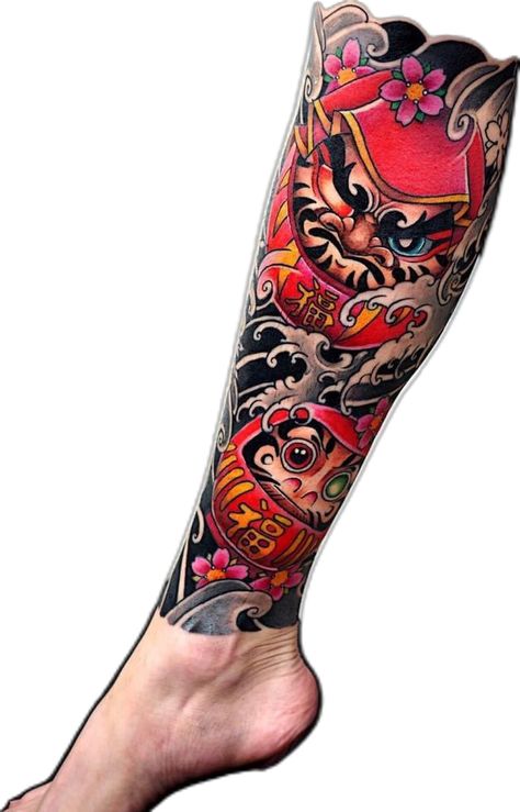 Yakuza Tattoo Design Japanese Style, 24d Art, Sleeve Tattoos Leg, Daruma Doll Tattoo Design, Tattoo Daruma, Daruma Doll Tattoo, Foo Dog Tattoo Design, Tattoos Leg, Japanese Leg Tattoo