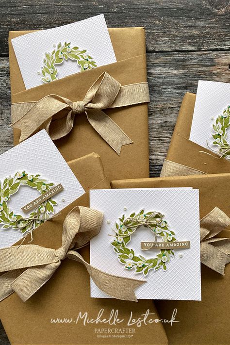 Wreath Cards, Brown Paper Wrapping, Cottage Wreath, Sizzix Dies, Elegant Cards, The Cottage, Embossing Folders, Pretty Cards, Stamping Up