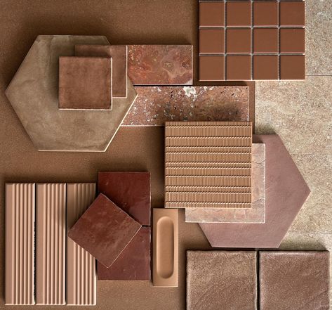 Terracotta for your Thursday 🧡✴️ We have so many different Terracotta coloured tiles in all different shapes and sizes for all spaces! Pop in store to see more of our ranges or head over to our website 🙋🏼‍♀️🙋🏻‍♀️ #terracotta #tiles #mosaic #naturalstone #featuretiles #texturedtiles #orange #flatlay #build Deep Terracotta Color, Marble And Terracotta, Terracotta Material Board, Terracotta Mood Board Interior, Terracotta Inspiration, Terracotta Tiles Bathroom, Terracotta Interior Design, Coloured Tiles, Mood Board Interior