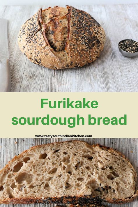 Furikake sourdough bread made with sourdough starter,  and savory, umami-rich taste of furikake, a Japanese seasoning blend often used on rice. Excellent sourdough bread with a unique taste rich in flavor and taste. #sourdoughbread #furikakeseasoning #zestysouthindianktichenrecipes Sourdough Bread With Seeds, Fresh Milled Sourdough Bread, Seeded Sourdough Bread, Whole Grain Sourdough Bread Recipe, Multigrain Sourdough Bread Recipe, Whole Grain Bread Recipe, Multigrain Sourdough Bread, Benefits Of Sourdough, Whole Grain Sourdough