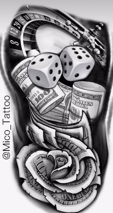 Casino Tattoo Design, Gambling Tattoos, Money Tattoo Designs, Tattoos Black And White, Money Rose Tattoo, Poker Tattoo, Dollar Tattoo, Casino Tattoo, Dice Tattoo