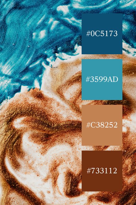 This blue and brown color palette is vividly captured in a swirling mix of blue and gold hues. The rich blue tones blend with the warm, sandy browns, creating a dynamic and luxurious visual that resembles the meeting of sky and earth. Blue And Brown Color Palette, Color Scheme Generator, Brown Color Palette, Palette Color, Deep Blue Sea, Blue Colour Palette, Color Harmony, Caramel Brown, Color Palette Generator