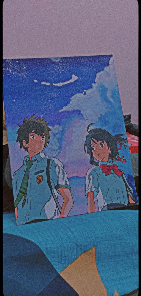 kiminonawa your name movie painting. Acrylic on canvas. Email or comment for customised painting 😄. Your Name Illustration Art, Suzume Painting Ideas, Your Name Drawing Easy, Your Name Anime Painting, Your Name Art Drawing, Your Name Drawing Sketch, Your Name Anime Sketch, Anime Painting Acrylic Canvas, Your Name Drawing Pencil