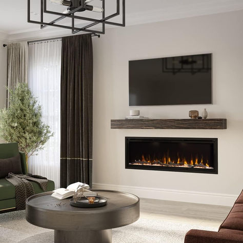 This smart linear fireplace has multiple flame colors and is recessed in the wall so it saves on space while looking modern and classy! Tv With Electric Fireplace, Linear Electric Fireplace, Flame Colors, Blue Yellow Orange, Room Upgrade, Wall Mount Electric Fireplace, Wood Fireplace, Diy Installation, Voice Control