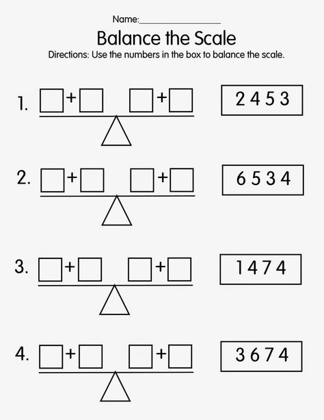 Use the numbers in the box to make both sides of the scale equal. For a great visual have the students use an actual scale and bl... Pan Balance, Balanced Math, Worksheets Kindergarten, 2nd Grade Math Worksheets, Math Challenge, Printable Math Worksheets, Free Math Worksheets, Kids Math Worksheets, Math Addition