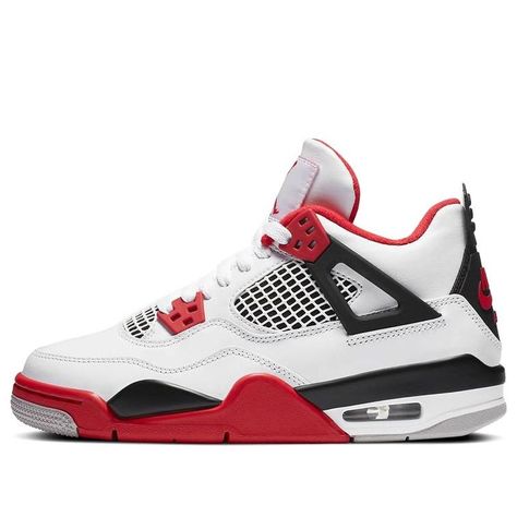 The Air Jordan 4 Retro OG GS 'Fire Red' 2020 is a reissue of an iconic silhouette that originally debuted in 1989. Made for big kids, this sneaker features a white leather upper with contrasting black and red accents throughout. Jumpman branding atop the tongue is complemented by a Nike logo on the back heel, making this a must-have sneaker for any Air Jordan fan. Red Air Jordan 4 With Red Sole For Sports, Jordan 4 Fire Red, Dr Shoes, Jordan 4s, Nike Jordan Retro, Air Jordan Retro, Jordan 4 Retro, Nike Dunk High, Air Jordan 4