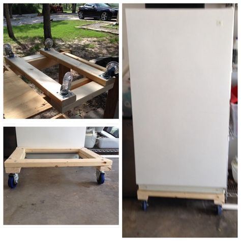 I made 2 dolleys with some 2x4s and cheap wheels that I got at Harbour Freight! Now I can move the frig/freezers in the garage easily! Garage Freezer, Garage Ideas, Freezers, Garage House, The Garage, House Stuff, I Can, Garage, Wheel