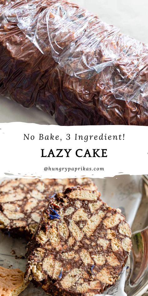 Top photo: lazy cake rolled in plastic wrap Bottom photo: slices of lazy cake on a tray 3 Ingredient Cakes Recipes, Healthy Lazy Cake, Lazy Cake Recipe, Cake Recipes Without Milk, Hungry Paprikas, Quick Yummy Desserts, Dessert No Bake, Cake No Bake, Lazy Cake