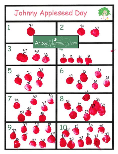 Johnny Appleseed Day Counting Activity: Print it for free and then reinforce counting while making fingerprint or thumbprint apples. Great for preschoolers. #HandprintHolidays Apple Counting, Johnny Appleseed Day, Johnny Appleseed Activities, Apple Week, Preschool Apple Theme, September Preschool, Apple Kindergarten, Apple Lessons, Apple Math