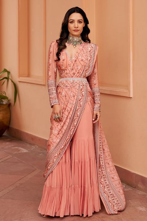 Shop for these amazing collections of Pink Crepe Printed Floral Stripe Blunt V Pre-draped Saree With Blouse For Women by Chhavvi Aggarwal online at Aza Fashions. Sharara Saree Fashion Styles, Indian Fusion Dresses For Women, Latest Ethnic Dresses Indian 2024, Sharara Kurti Designs Latest, Fusion Dresses For Women, Latest Traditional Indian Wear For Women, Latest Sharara Designs Party Wear, Sharara Designs Latest, Sharara With Blouse