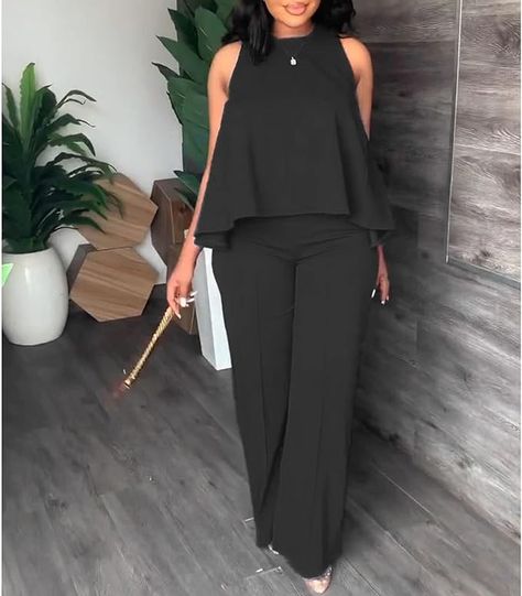 Women's 2 Piece Outfits Long Sleeve Crop Tops High Wasited Palazzo Wide Leg Pants Suits Ptso Ideas, Two Piece Outfits Pants, Two Piece Outfits, Bodycon Tops, Blue Two Piece, Straight Clothes, Sleeveless Suit, Set Outfits, Black Two Piece