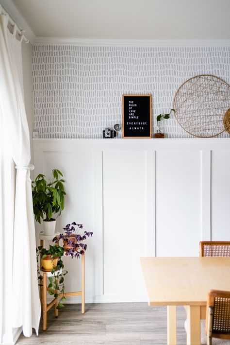 Faux diy board and batten dining room accent wall with peel and stick wallpaper from Roommates. DIYer shares her eperience of her first diy project. Watch the video or read the blog. List of products used with before and after pictures and video. Board And Batten Wallpaper, Board And Batten With Wallpaper, Kaufmann House, Diy Board And Batten, Dining Room Accent Wall, Board Batten, Dining Room Accents, Room Accent Wall, Board And Batten Wall