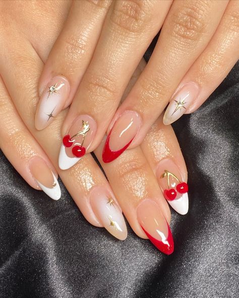 Red and White French Tips with Cherry Accents White Cherry Nails, Almond Cherry Nails, Nails With Cherry Design, Cherry Almond Nails, Trendy French Tip Nails, Tip Nails Almond, French Tip Nails Almond, White French Tips, Cherry Nail Art