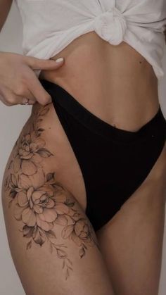 Flowers Hip Tattoos Women, Bouquet Of Flowers Tattoo On Hip, Thigh Tattoo Ideas Female, Botanical Hip Tattoos Women, Floral Hip Piece Tattoo, Pelvic Tattoo Hip, Upper Thigh Tattoo, Large Floral Hip Tattoos Women, Pelvic Tattoos