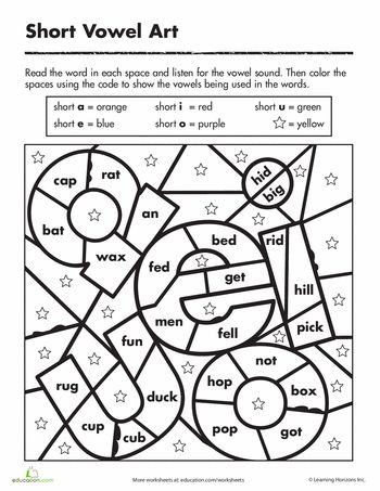 Short Vowel Art Worksheet: Color by Short Vowel Sound. Students read the word in each space and listen for the vowel sound. Then they use the code that shows which short vowel is being used to color in the spaces. Short Vowel Coloring Worksheet, Short Vowel Sounds Worksheets 1st Grades, Vowel Coloring Pages, Short Vowel Activities 2nd Grade, Phonics Coloring Sheets, Short Vowel Review, Short Vowel Sounds Activities, Cvc Coloring Worksheets, Long And Short Vowels Worksheets