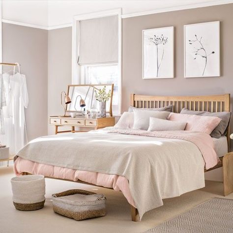 Pale pink bedroom with wooden furniture and woven accessories | housetohome.co.uk Furniture Mods, Pale Pink Bedrooms, Design Ložnic, Pink Bedroom Design, Pink Bedrooms, Bedroom Color Schemes, Spare Bedroom, Pink Bedroom, Bedroom Paint