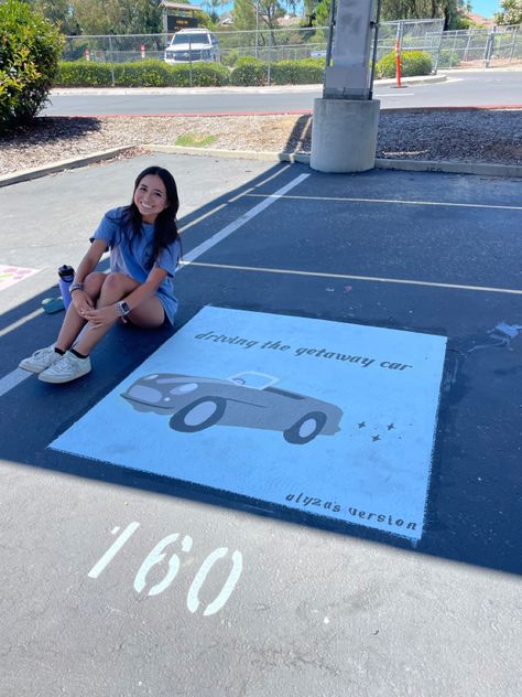 Senior Parking Spot Painting Taylor Swift, Senior Parking Spaces Taylor Swift, Taylor Swift Parking Spot Painting, Taylor Swift Senior Parking Spot, Taylor Swift Parking Spot, Highschool Parking Spot Ideas, Parking Ideas, Chalk Activities, Senior Year Things