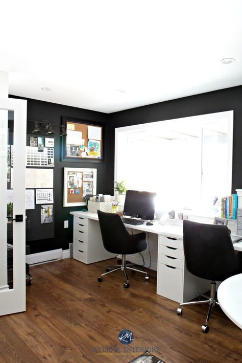 Home office with Sherwin Williams Tricorn Black, alex desk and decorating with corkboards. Kylie M Interiors virtual and e-design Sherwin Williams Tricorn Black, Room Ideas Black, Office Room Ideas, Black Room Ideas, Alex Desk, Kylie M Interiors, Tricorn Black, Black And White Office, Family Room Makeover