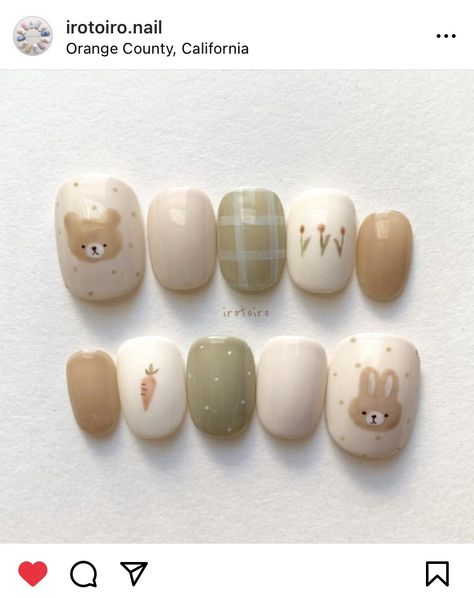 Short Cottagecore Nails, Cute Cat Nail Art, Japanese Nails Short, Cute Bunny Nails, Bts Inspired Nails, Cute Animal Nail, Cottagecore Nails, Bear Nail Art, Bear And Rabbit