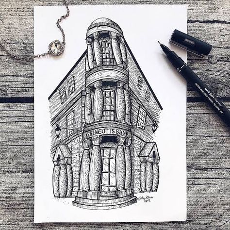 Stippling Illustration, Gringotts Bank, Diy Harry Potter Crafts, Harry Potter Sketch, Harry Potter Travel, Harry Otter, Harry Potter Art Drawings, Harry Potter Painting, Pen Art Work