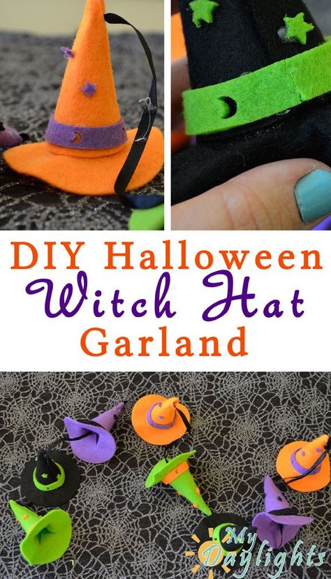 DIY Halloween Witch Hat Garland Hat Garland Diy, Witch Hat Garland, Diy Witch Hat, Hat Garland, Diy Halloween Garland, Halloween Ornaments Diy, Diy Halloween Witch, Felt Witch Hat, Diy Witch