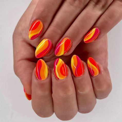 Orange Red Yellow Nails, Orange Gel Nails Summer, Red Orange And Yellow Nails, Volcano Nails, Red Orange Nails Design, Bright Red Nails With Design, Orange And Red Nails, Red And Yellow Nails, Red And Orange Nails