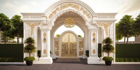 Entrance Arch Design, Buffet Luxury, Dekorasi Maroko, Royal Entrance, Classic Moulding, Modern Main Gate Designs, Marriage Hall, Entrance Arch, Outdoor Installation